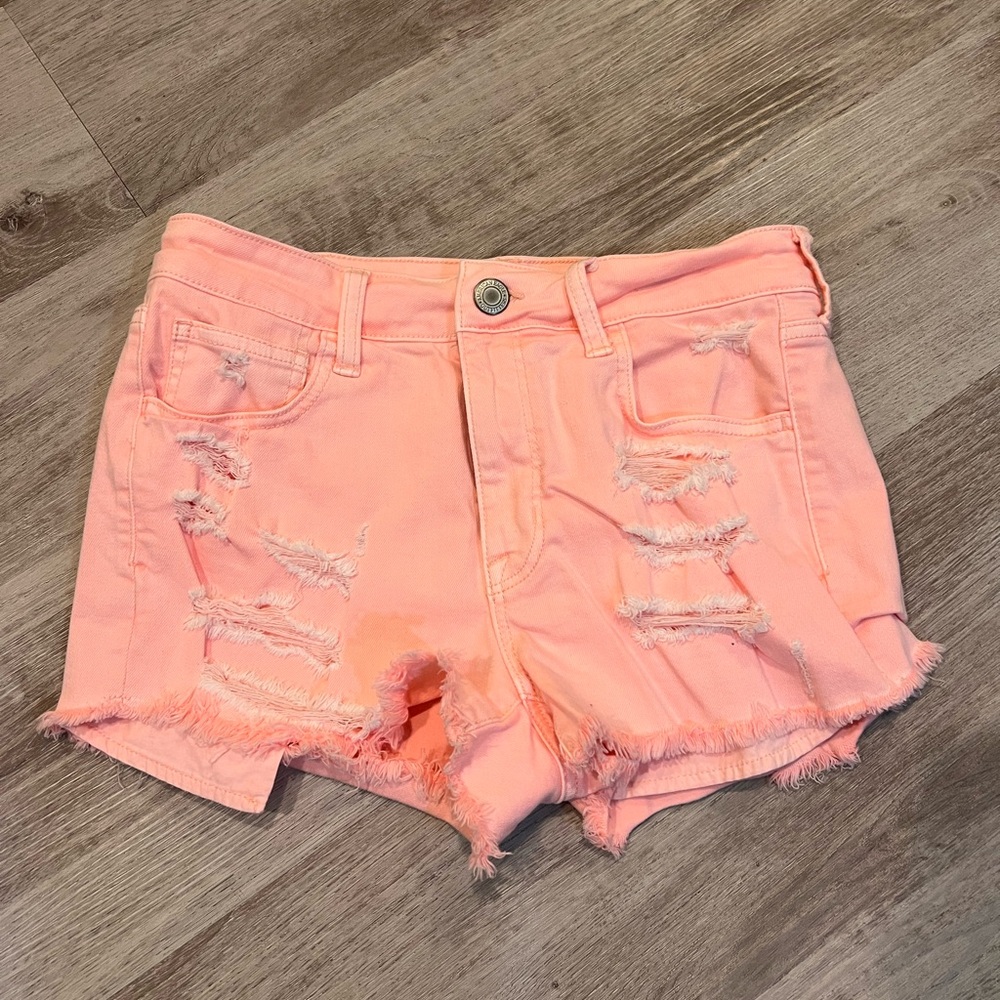American Eagle Outfitters Pink and Orange Jean Shorts Distressed Denim